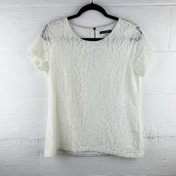 Tommy Hilfiger White Lace Short Sleeve Blouse Gold Zipper Detail (M) - Picture 2 of 8